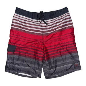 Ocean Pacific OP Swim Trunks Mens L 36-38 Red Gray Striped Pocket Logo Swimwear